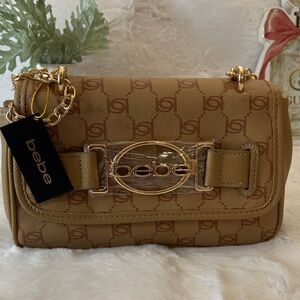 bebe Tan Monogram Crossbody with Gold Hardware
